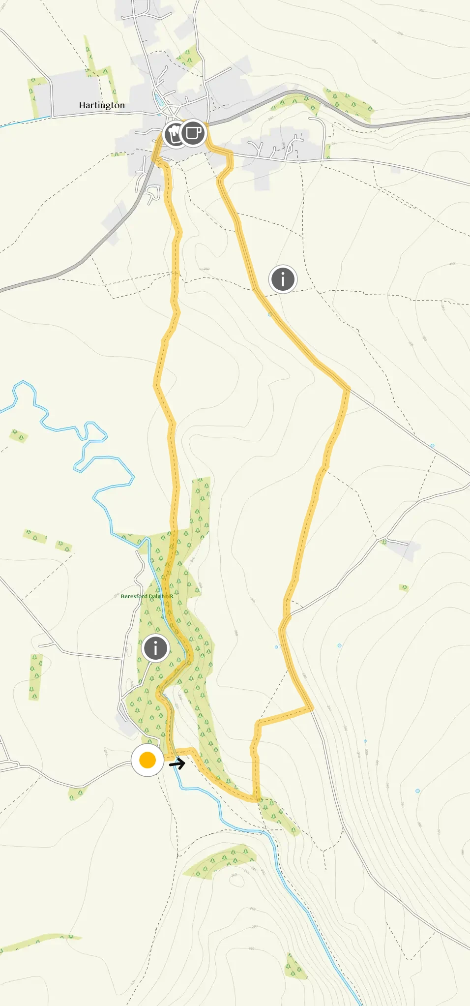 Route map for Beresford Dale Walk 1, a 3 mile circular walk in Derbyshire