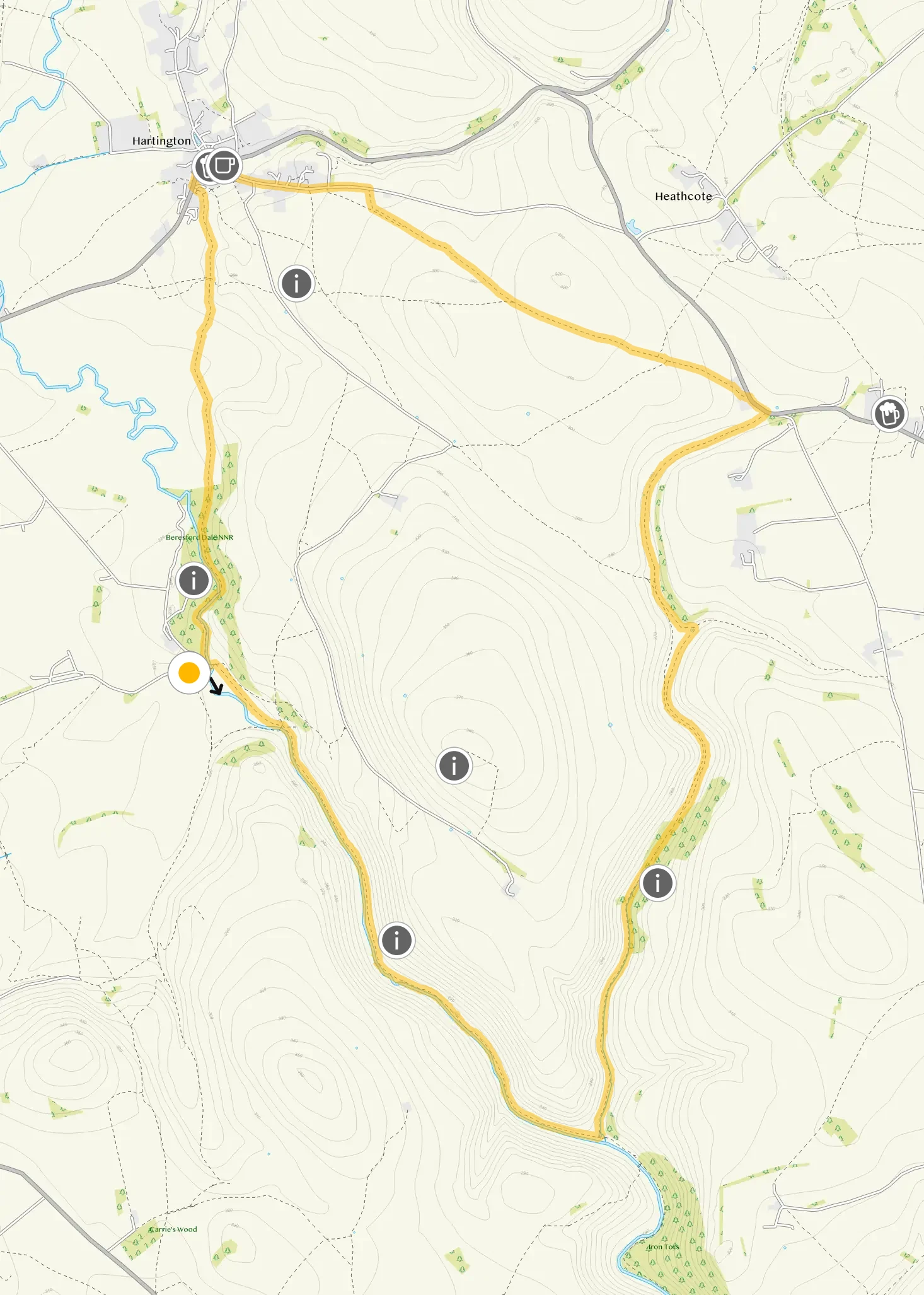 Route map for Beresford Dale Walk 2, a 6 mile circular walk in Derbyshire