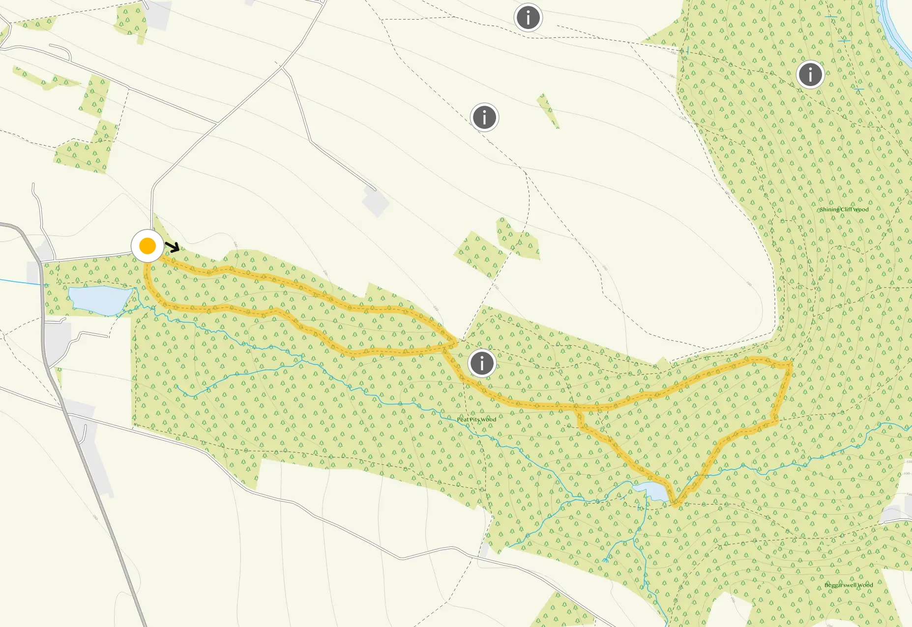 Route map for Shining Cliff Wood Walk 1, a 2 mile circular walk in Derbyshire