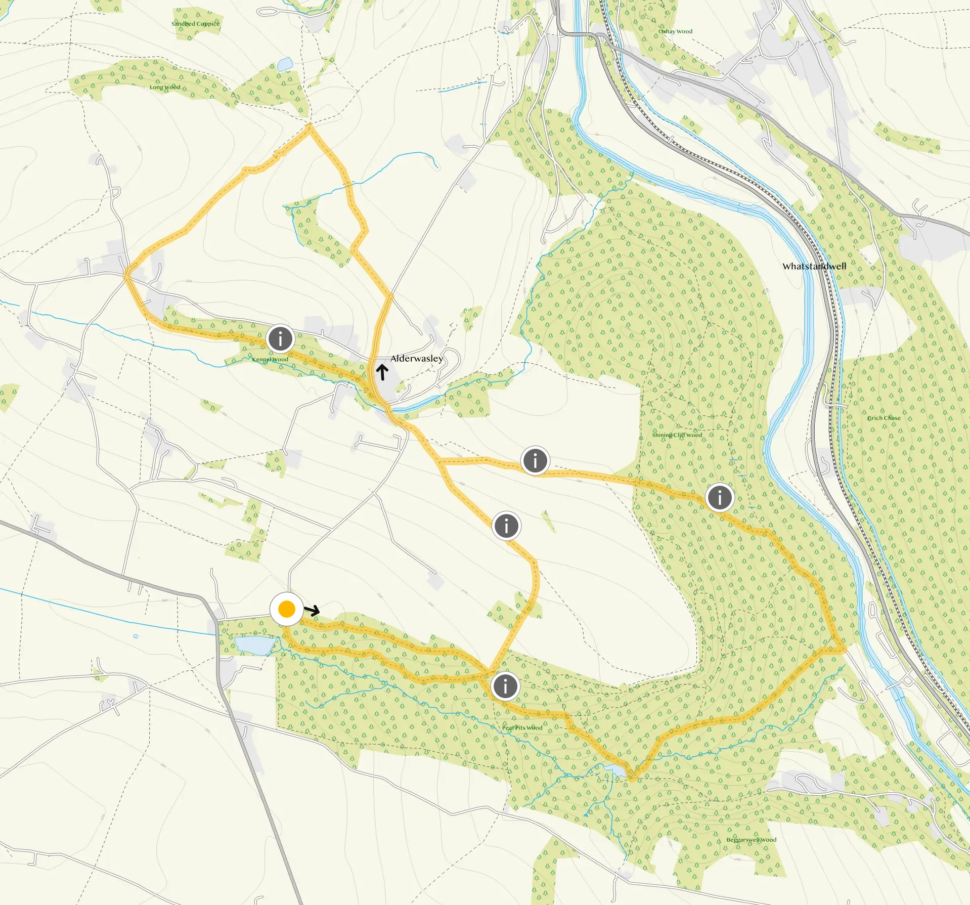 Route map for Shining Cliff Wood Walk 2, a 5.25 mile circular walk in Derbyshire