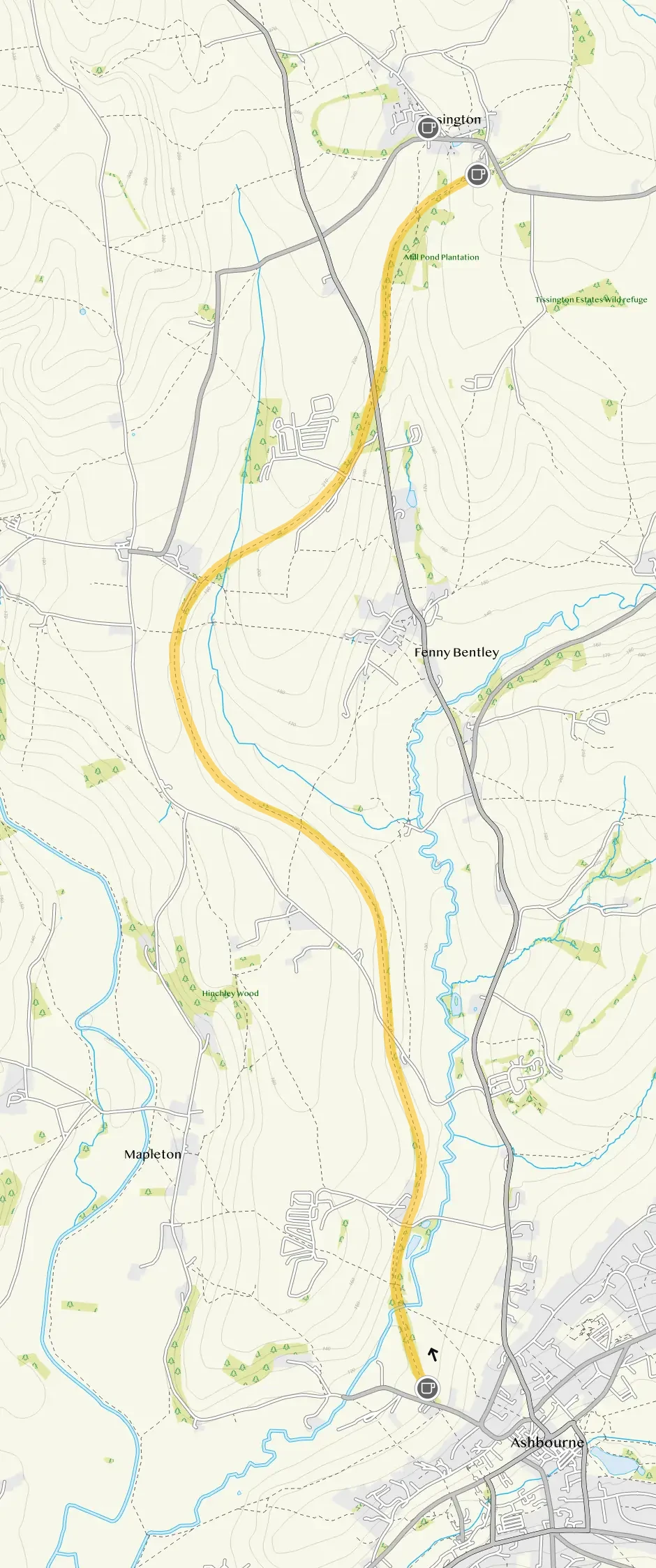 Route map for Tissington Trail Walk 1, a 3.75 mile linear walk in Derbyshire