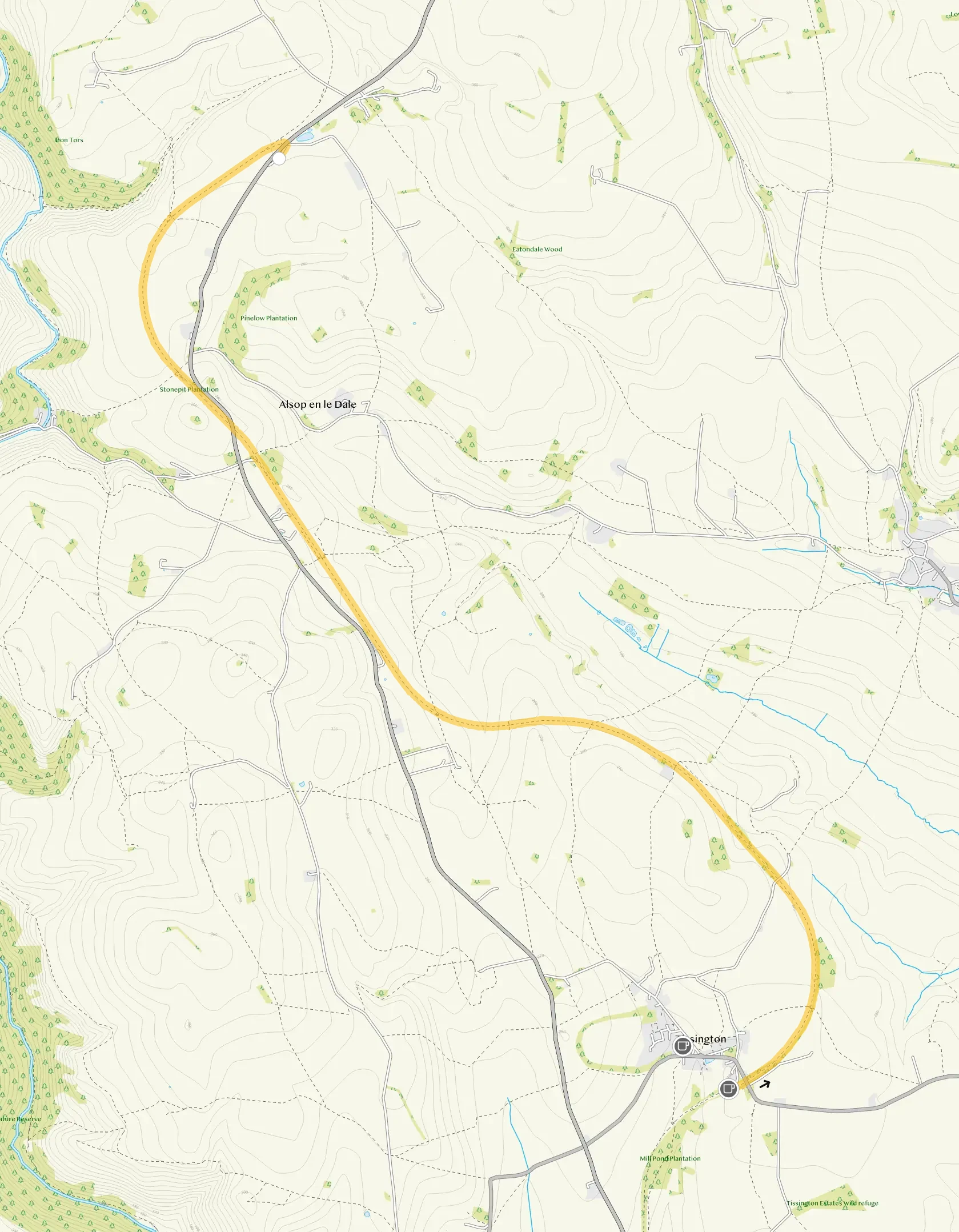 Route map for Tissington Trail Walk 2, a 4 mile linear walk in Derbyshire