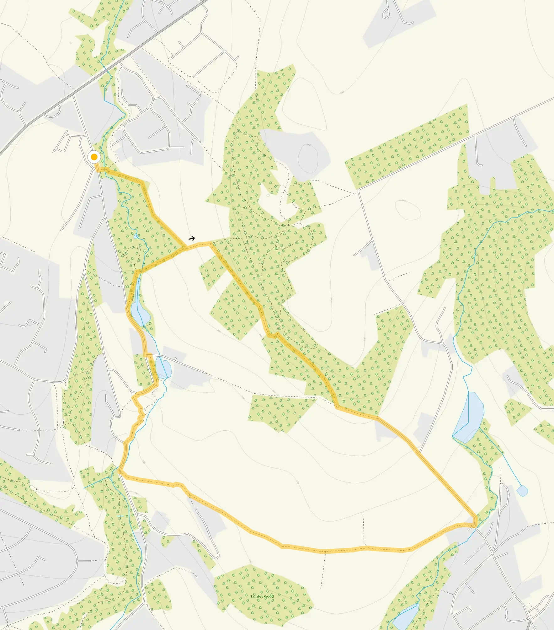 Route map for Lumsdale Waterfall Walk, a 2 mile circular walk in Derbyshire