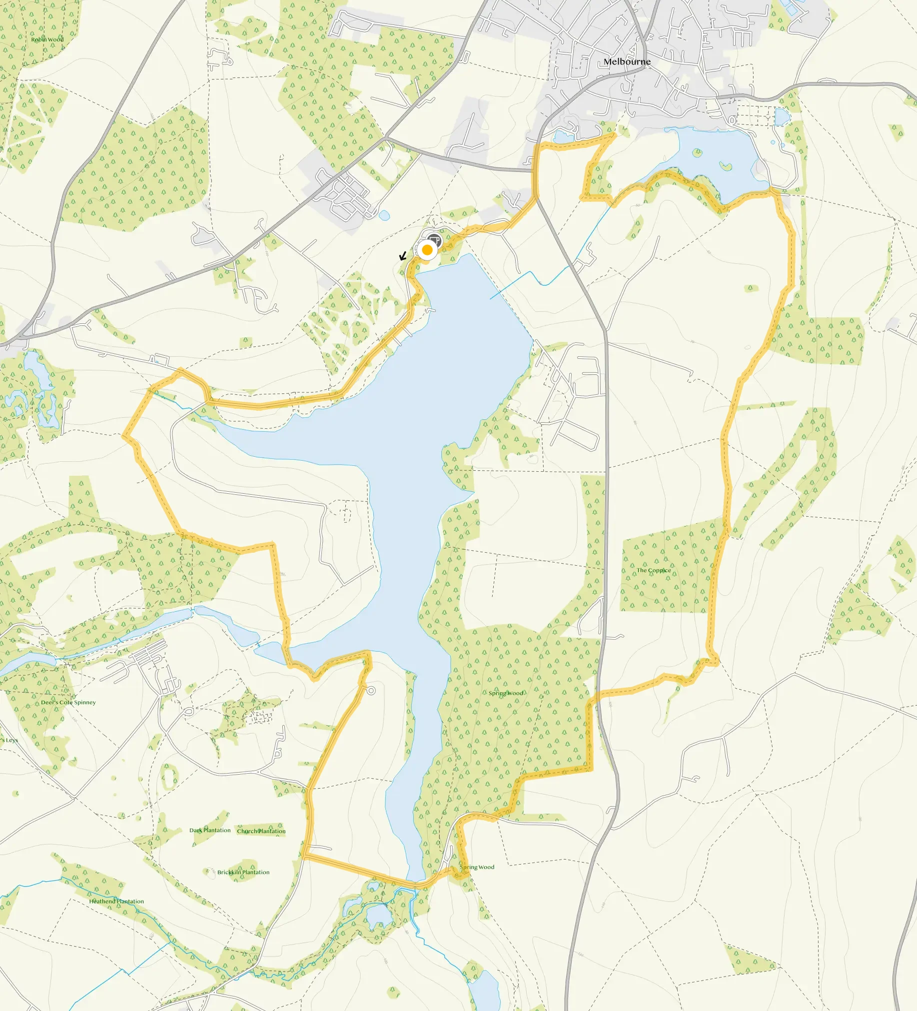 Route map for Staunton Harold Reservoir and Dimminsdale Long Walk, a 7 mile circular walk in Derbyshire