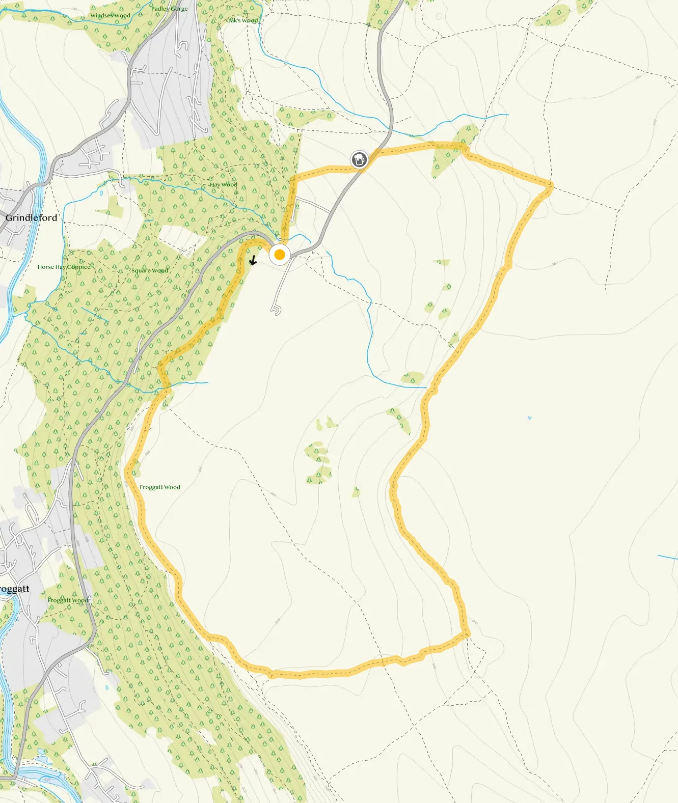 Route map for Froggatt Edge and Curbar Edge Walk, a 4.5 mile circular walk in Derbyshire