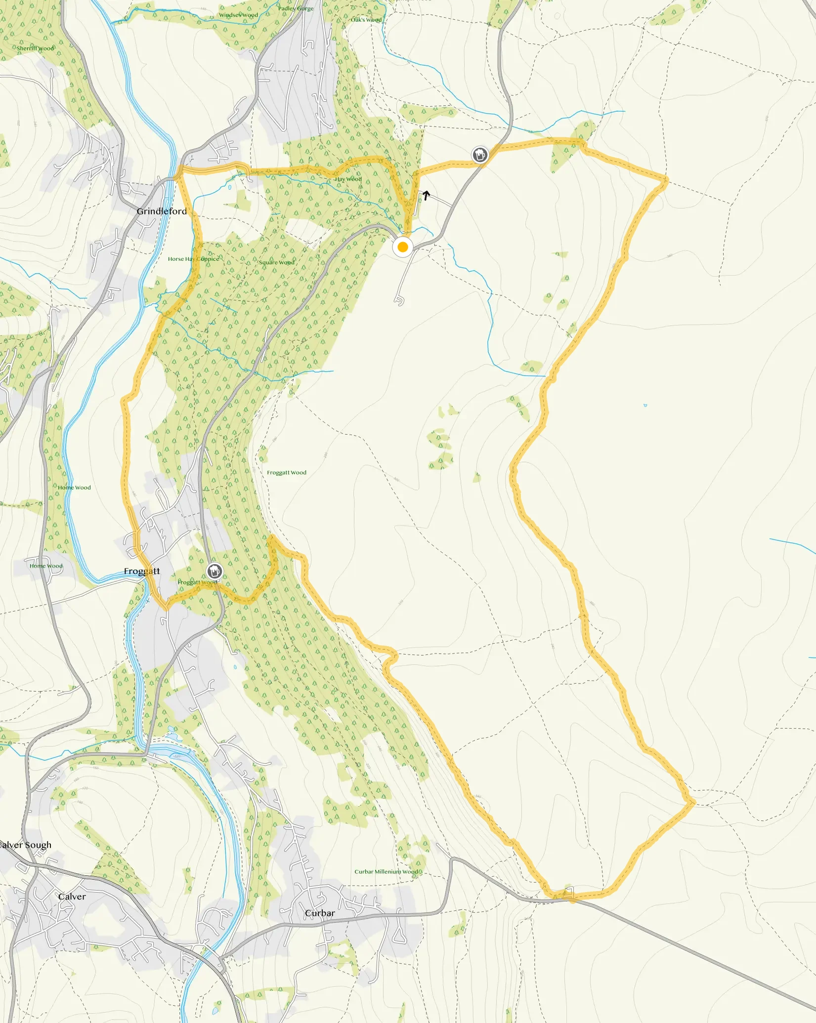 Route map for Froggatt, Grindleford and White Edge Long Walk, a 7.5 mile circular walk in Derbyshire