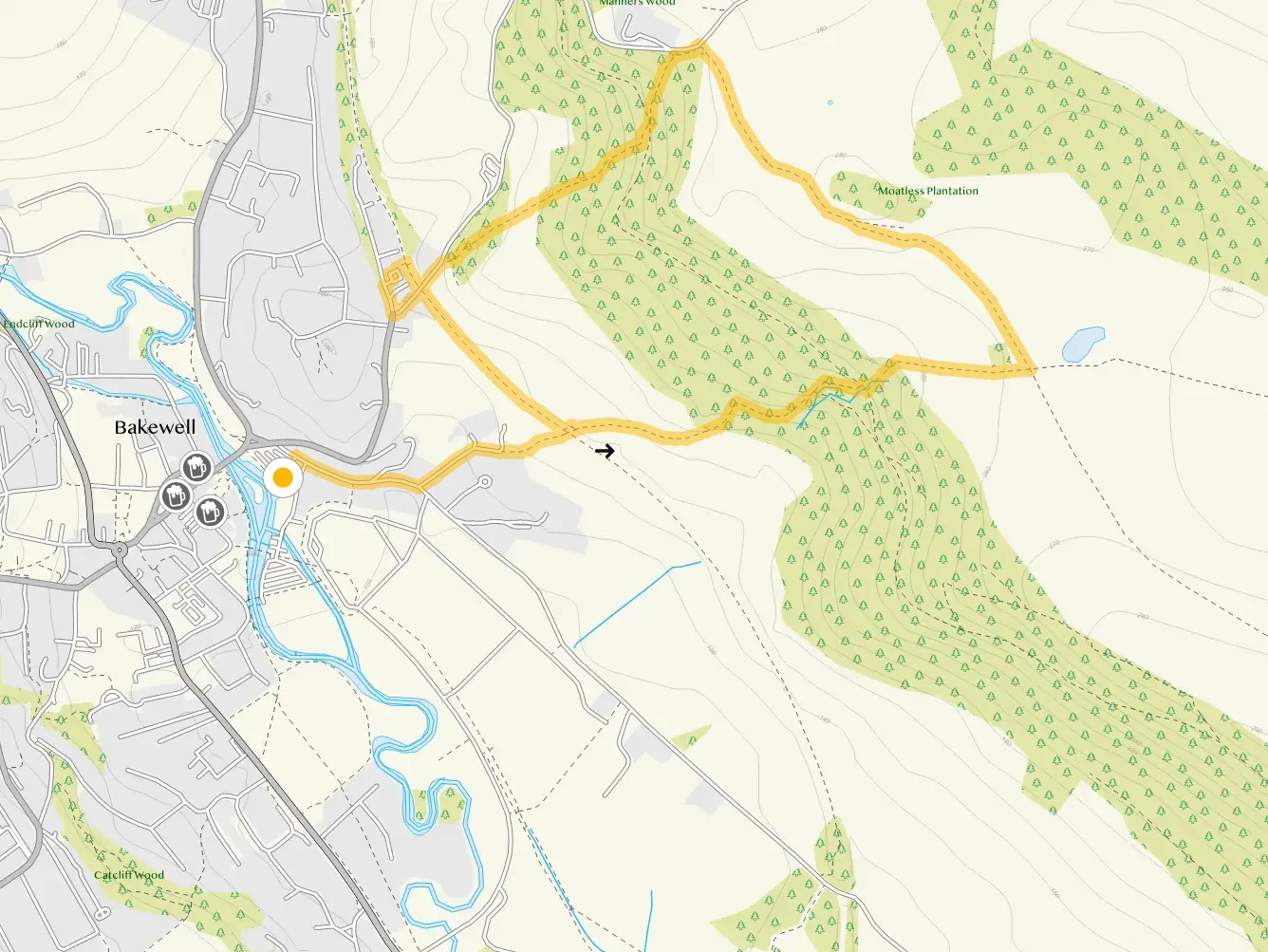 Route map for Bakewell Castle Hill and Woodland Short Walk, a 2.75 mile circular walk in Derbyshire
