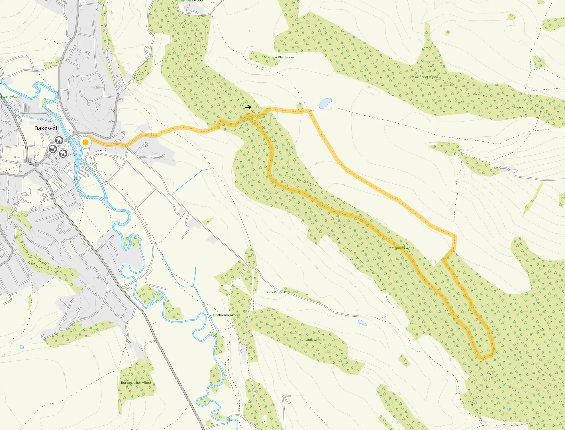 Route map for Bakewell Haddon Estate Woodland Walk, a 4.25 mile circular walk in Derbyshire