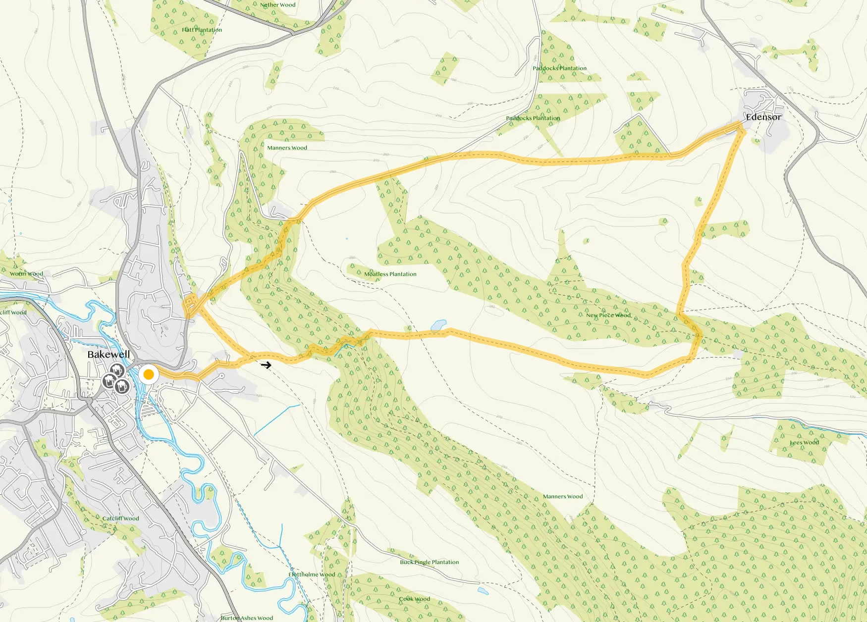 Route map for Bakewell to Edensor Circular Walk, a 5.25 mile circular walk in Derbyshire