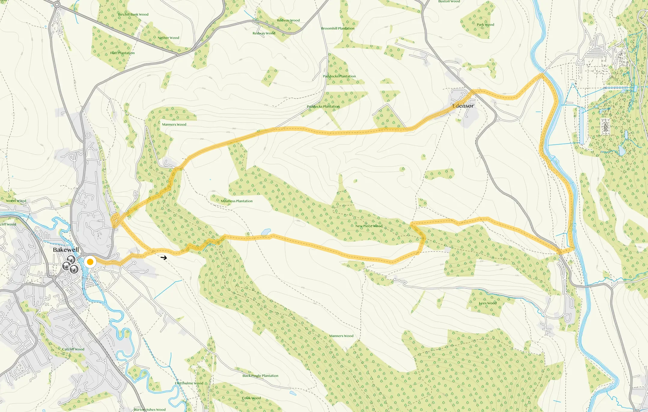 Route map for Bakewell, Edensor and Chatsworth Long Walk, a 7 mile circular walk in Derbyshire