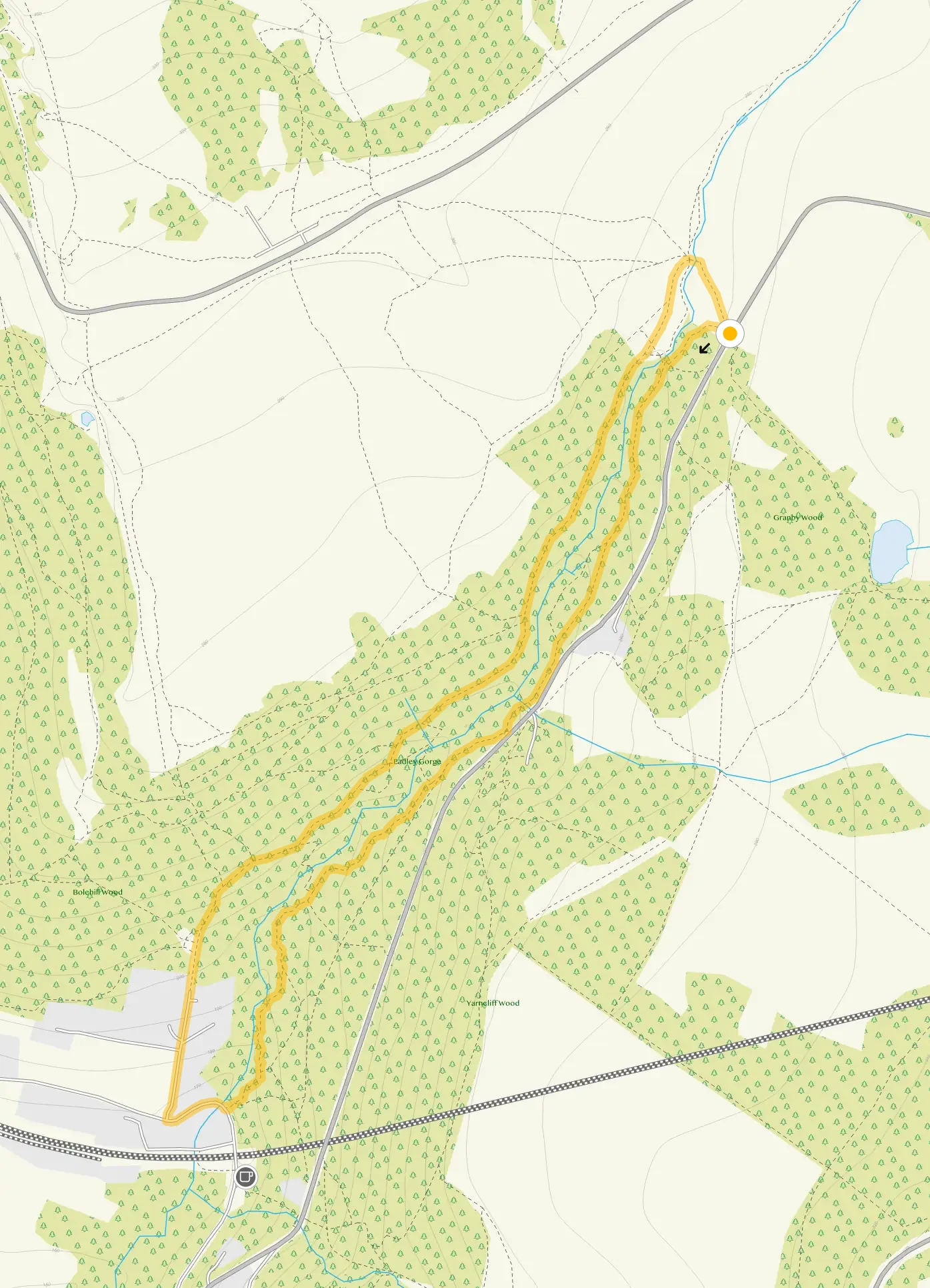Route map for Padley Gorge Circular Walk, a 2 mile circular walk in Derbyshire