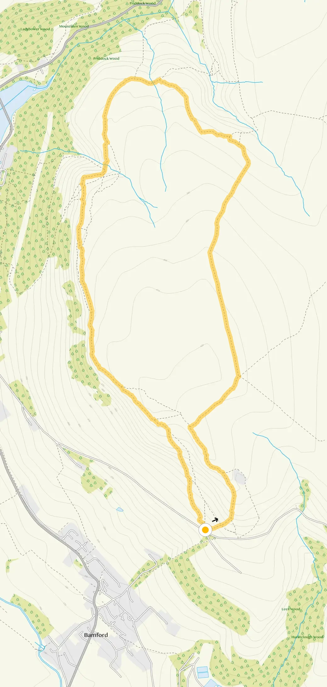 Route map for Bamford Edge and Rivelin Tunnel Walk, a 3.75 mile circular walk in Derbyshire