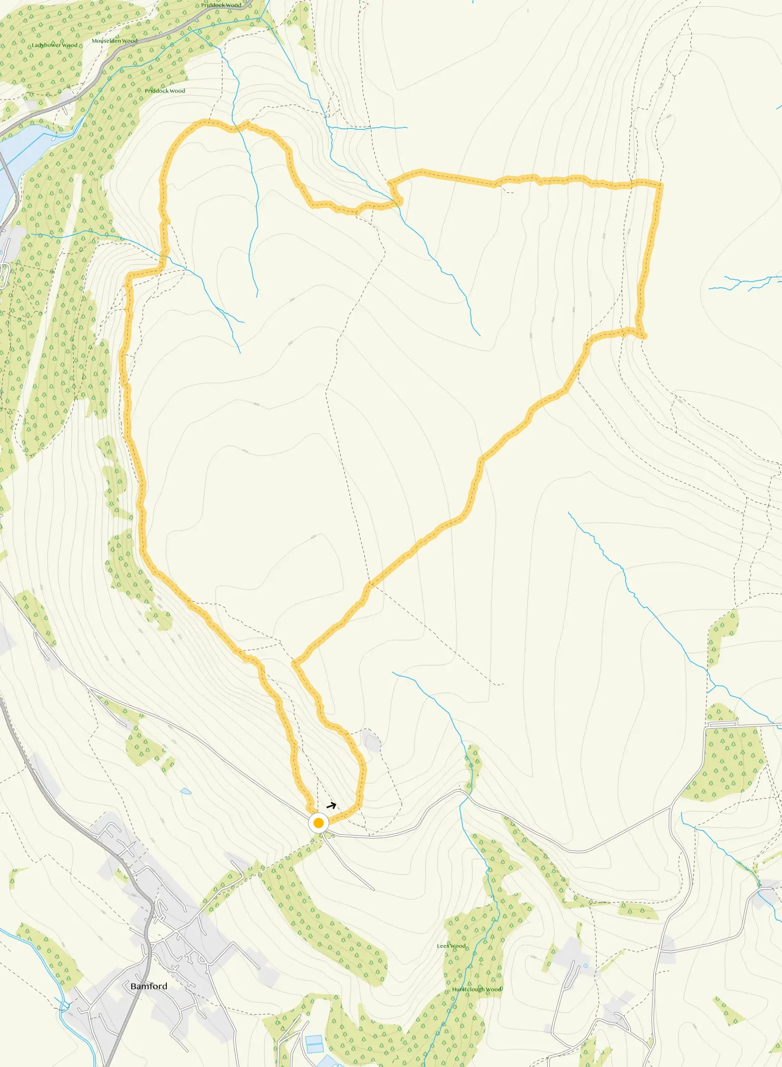 Route map for Bamford Edge and Stanage Edge Walk, a 5 mile circular walk in Derbyshire
