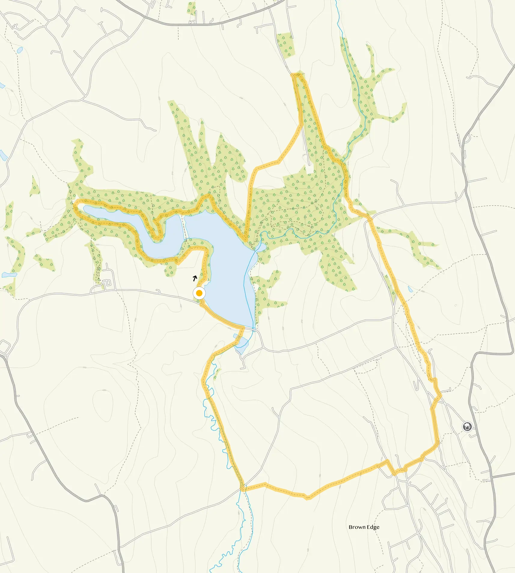Route map for Knypersley Reservoir and Brown Edge Walk, a 5 mile circular walk in Staffordshire