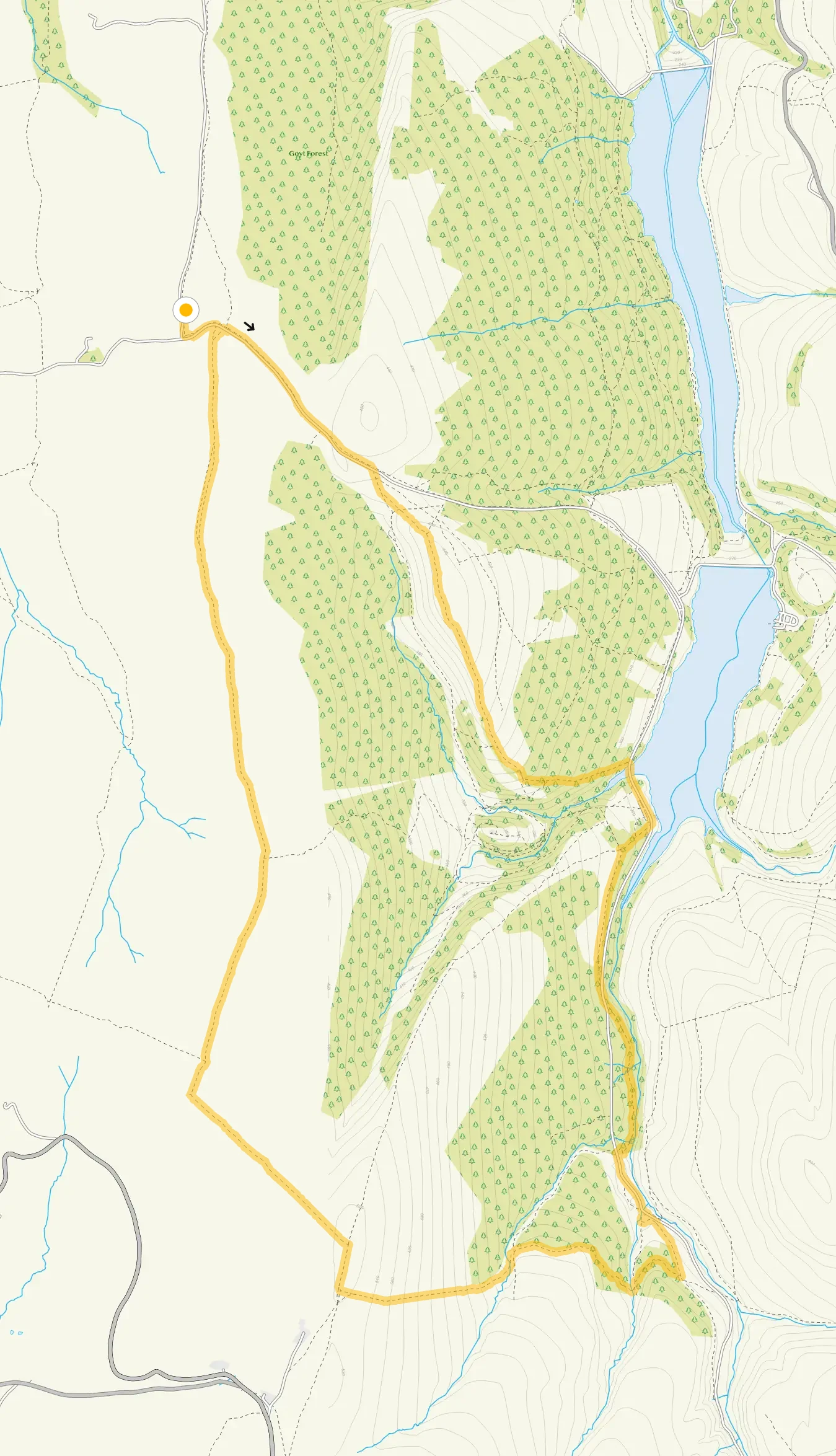 Route map for Shining Tor and Errwood Reservoir Walk, a 7 mile circular walk in Derbyshire