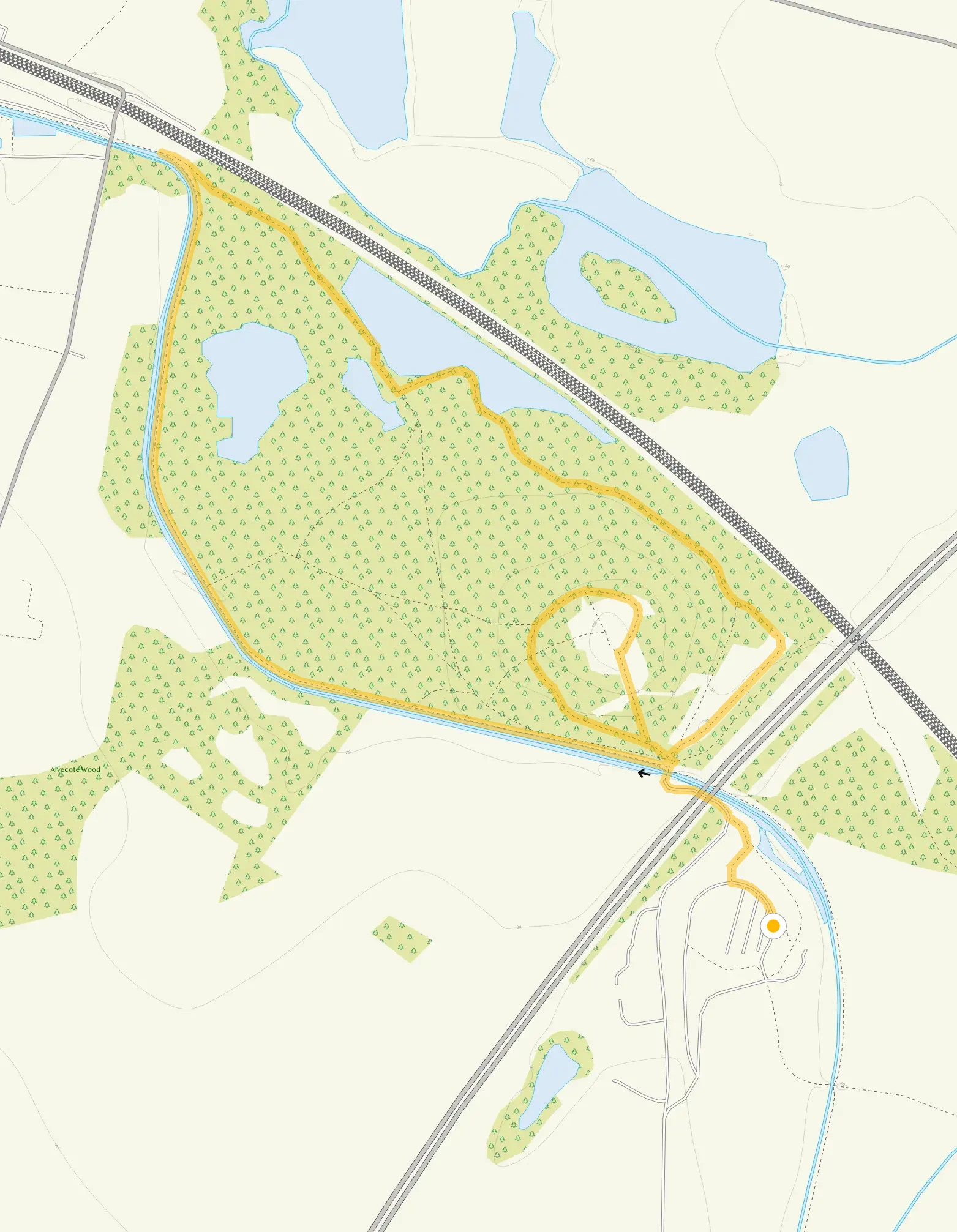 Route map for Pooley Country Park and Alvecote Priory Walk, a 2.5 mile circular walk in Staffordshire
