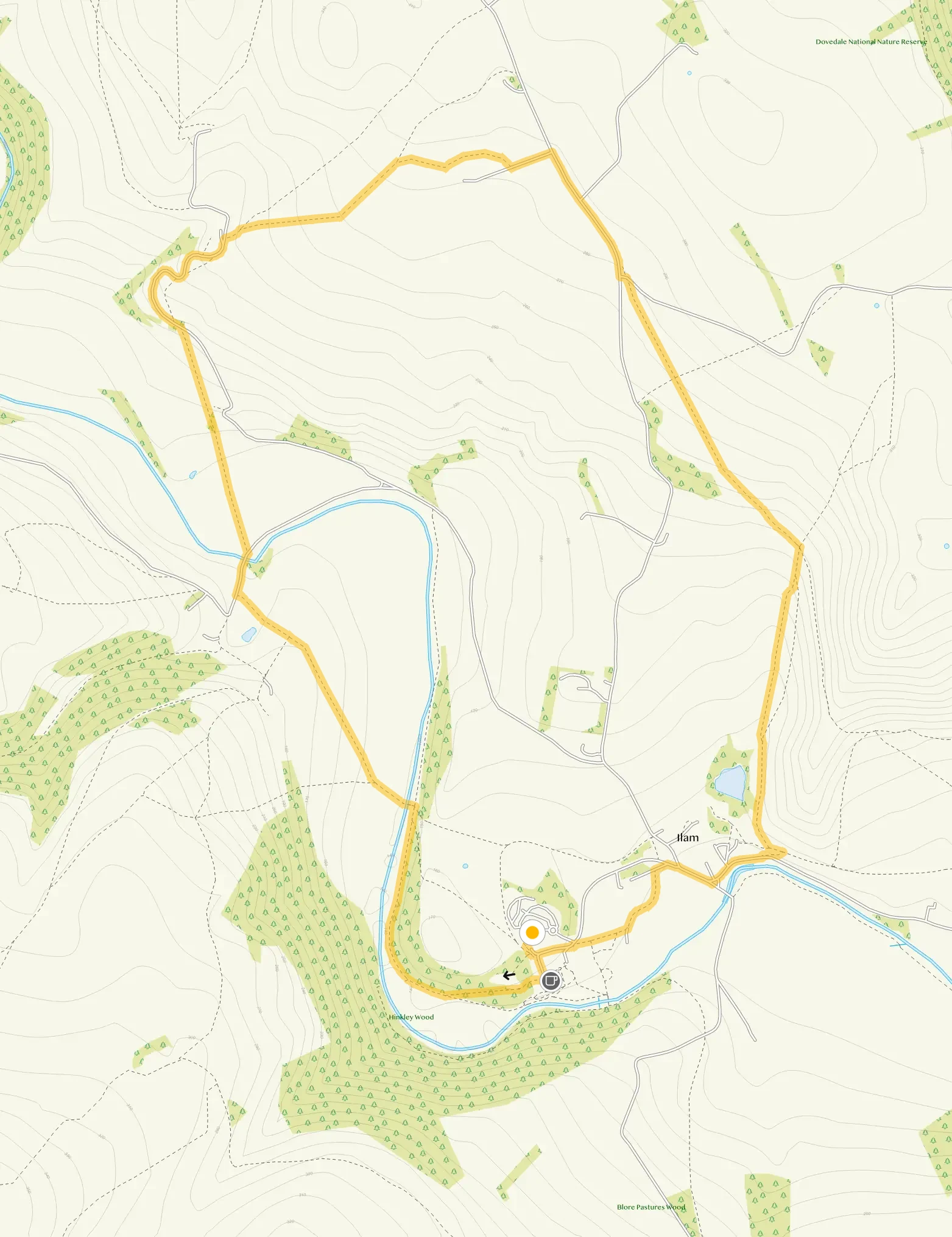 Route map for Ilam and Rushley Bridge Hill Walk, a 3.75 mile circular walk in Staffordshire