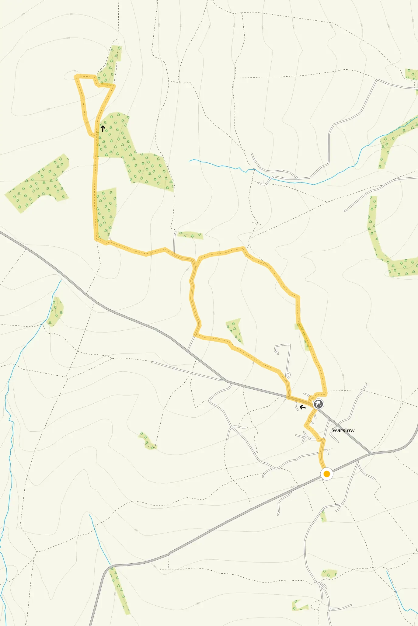 Route map for Revidge Hill Short Walk from Warslow, a 2.5 mile circular walk in Staffordshire