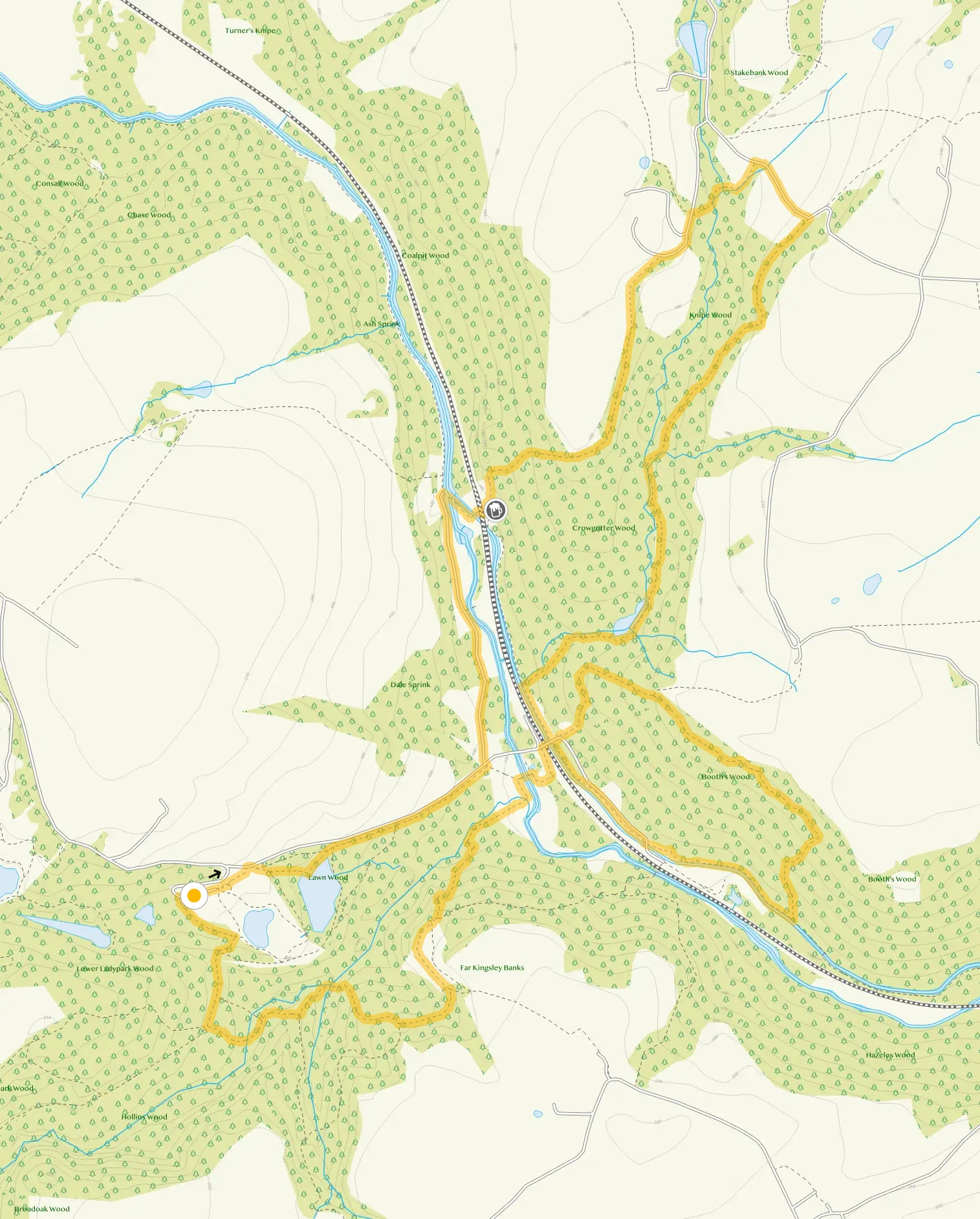 Route map for Consall Nature Park Long Walk, a 4.75 mile circular walk in Staffordshire