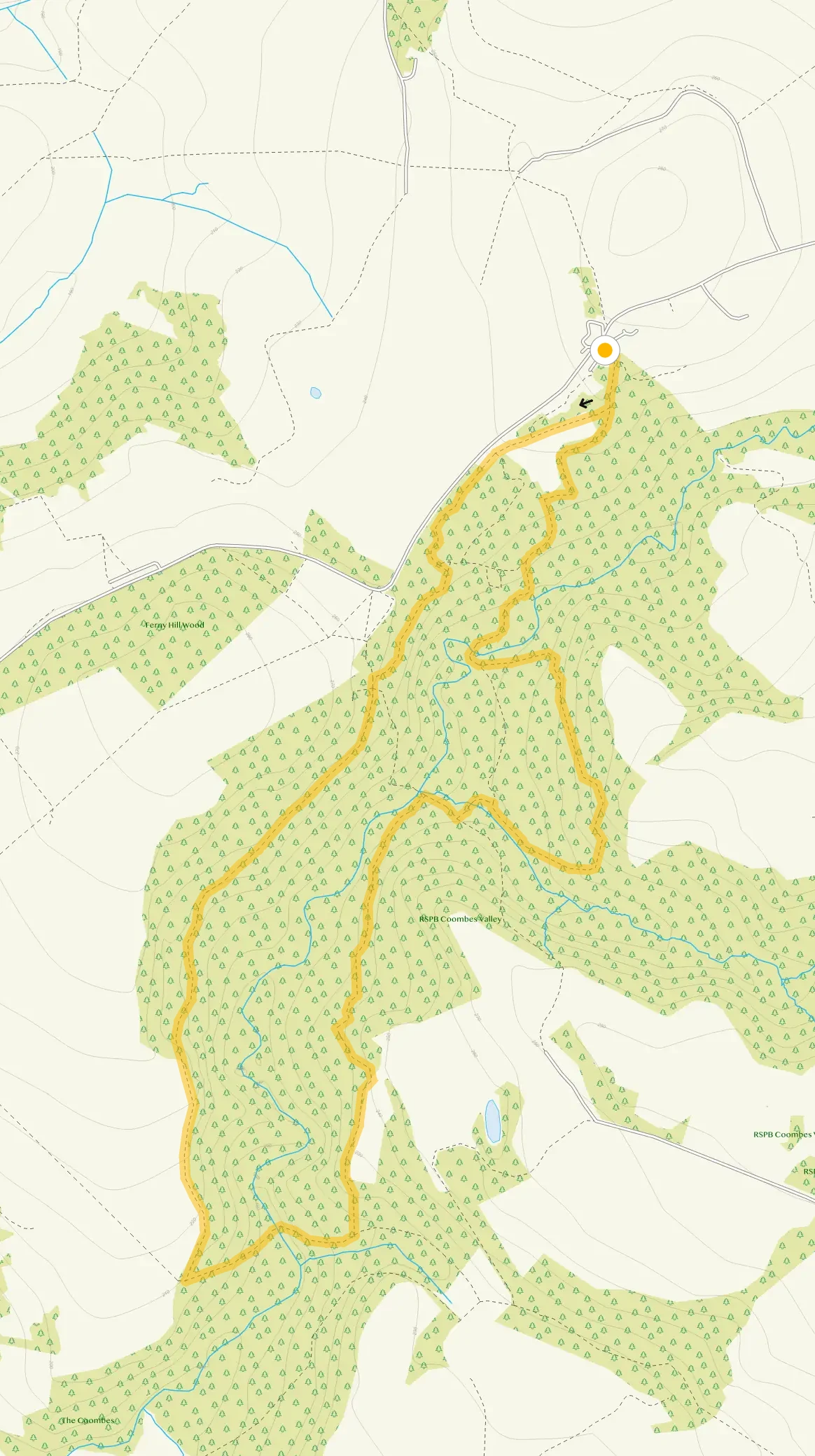 Route map for Coombes Valley Brook and Woodland Walk, a 2.75 mile circular walk in Staffordshire