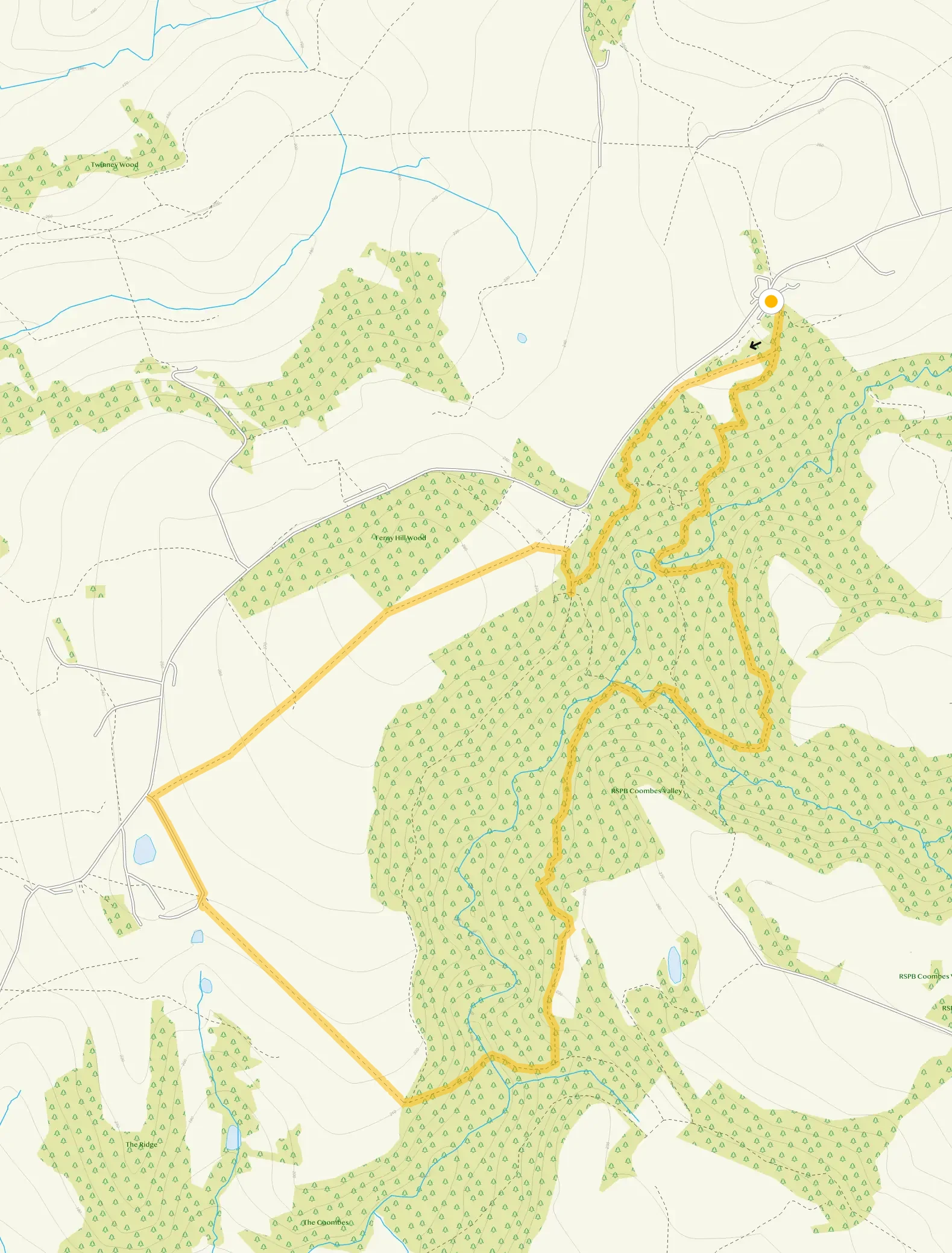 Route map for Coombes Valley Long Woodland Walk via Ferny Hill, a 3.25 mile circular walk in Staffordshire