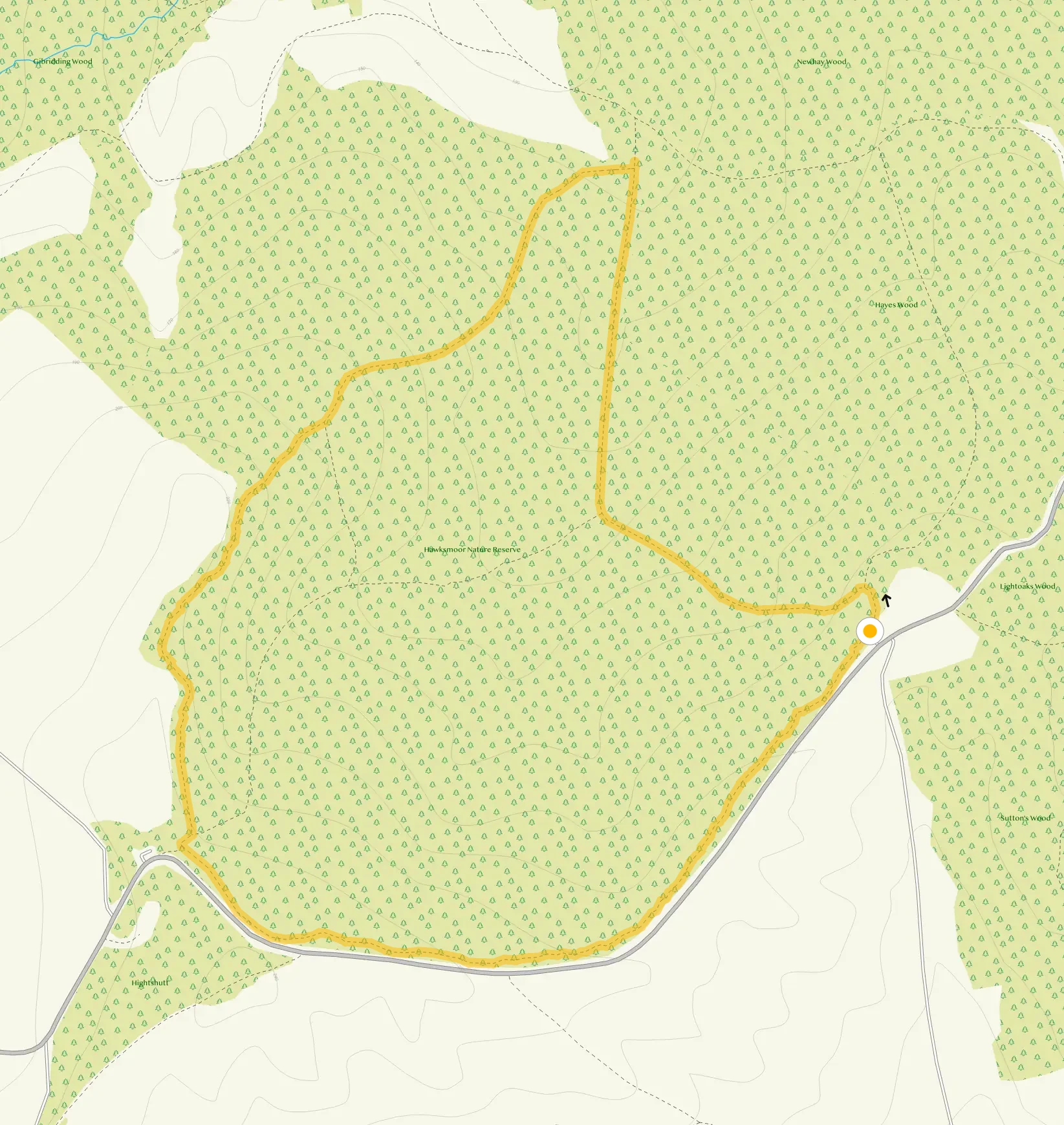 Route map for Hawksmoor Woods Short Circular Walk, a 1.5 mile circular walk in Staffordshire
