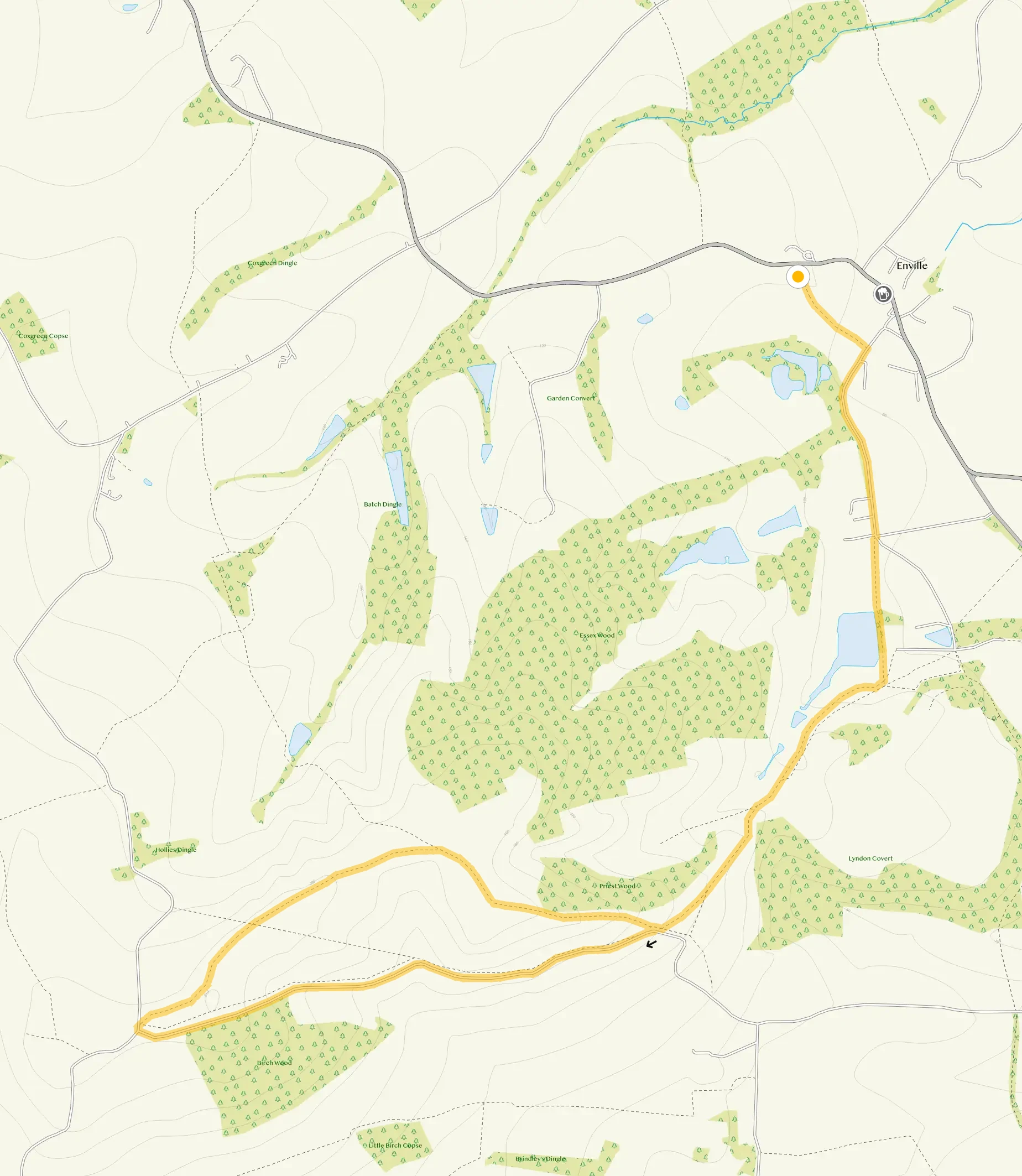 Route map for Sheepwalks Hill Walk, Enville, a 4.5 mile circular walk in Staffordshire