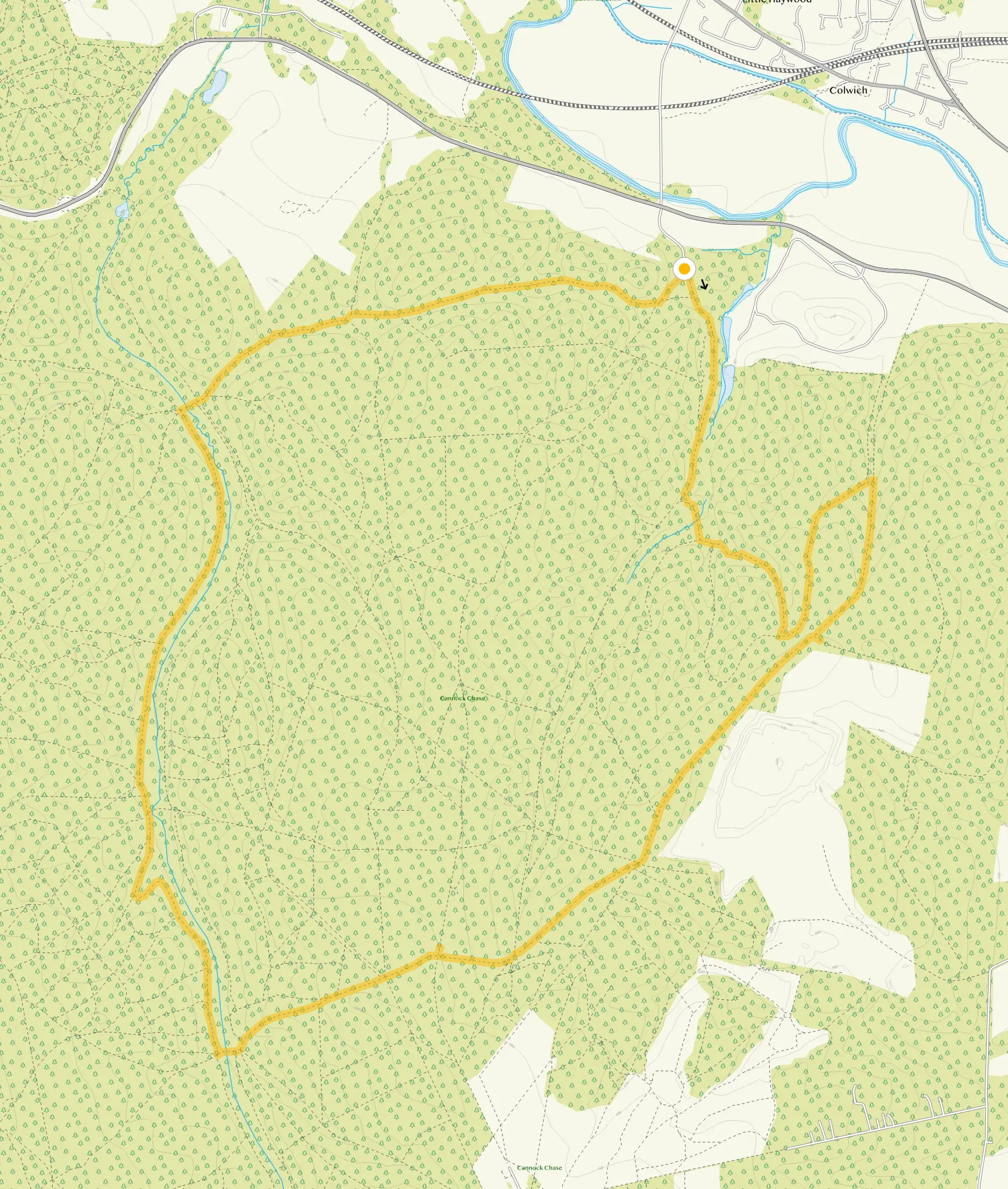 Route map for Seven Springs Long Walk, a 6.25 mile circular walk in Staffordshire