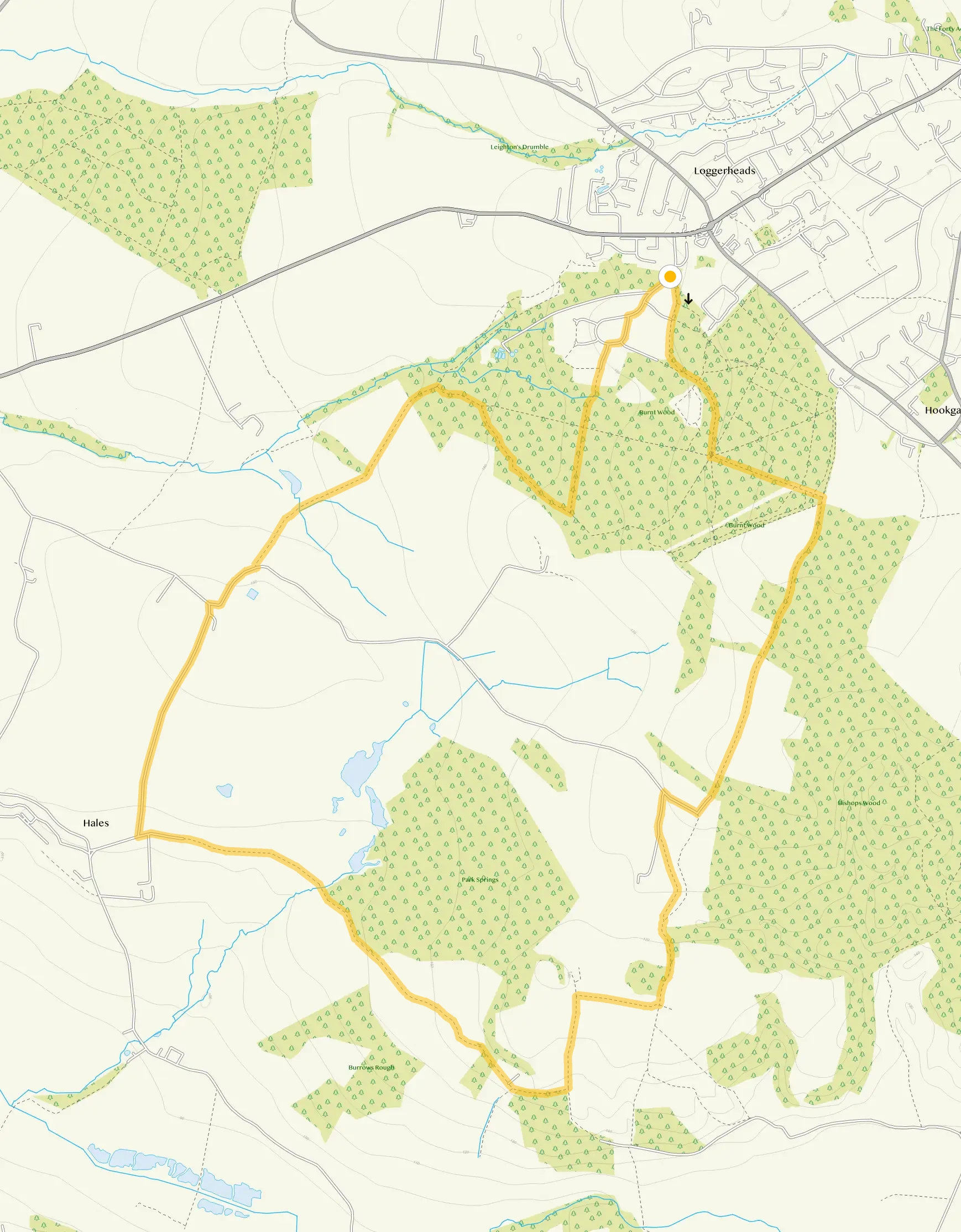 Route map for Burnt Wood Long Walk from Loggerheads, a 5.75 mile circular walk in Staffordshire