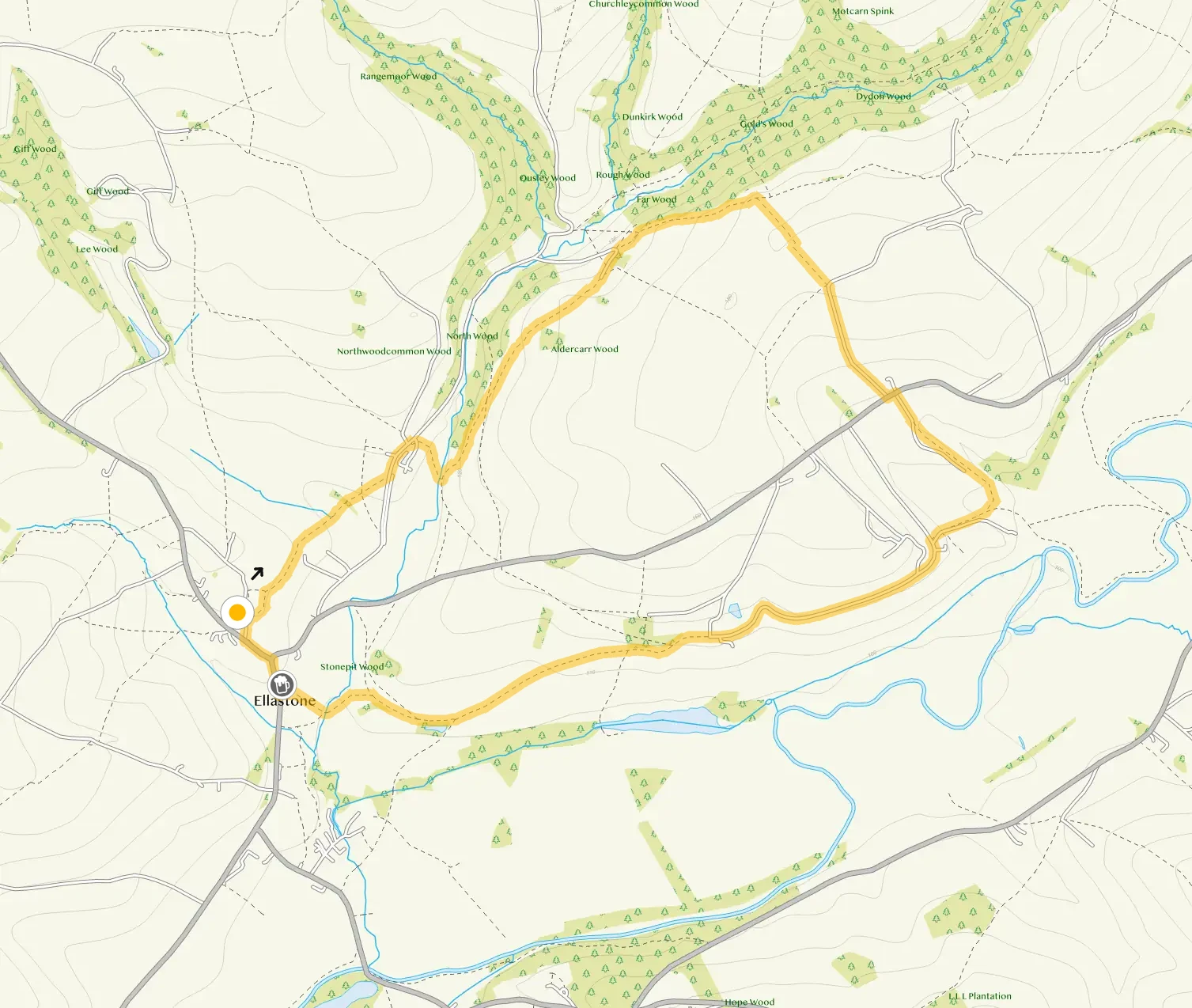 Route map for Ellastone and Calwich Abbey Walk, a 3.75 mile circular walk in Staffordshire