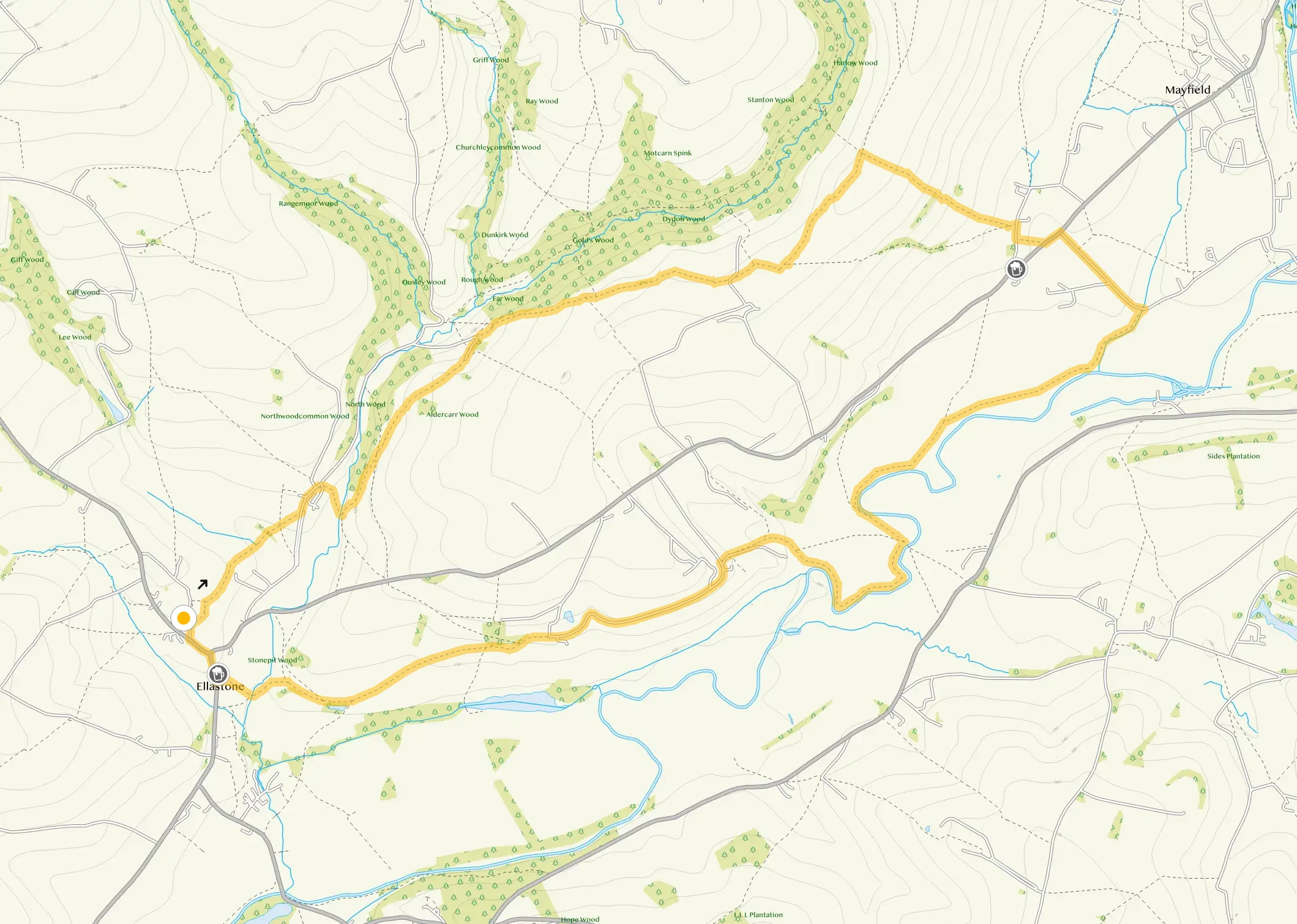 Route map for Ellastone, River Dove and Calwich Abbey Long Walk, a 6.25 mile circular walk in Staffordshire