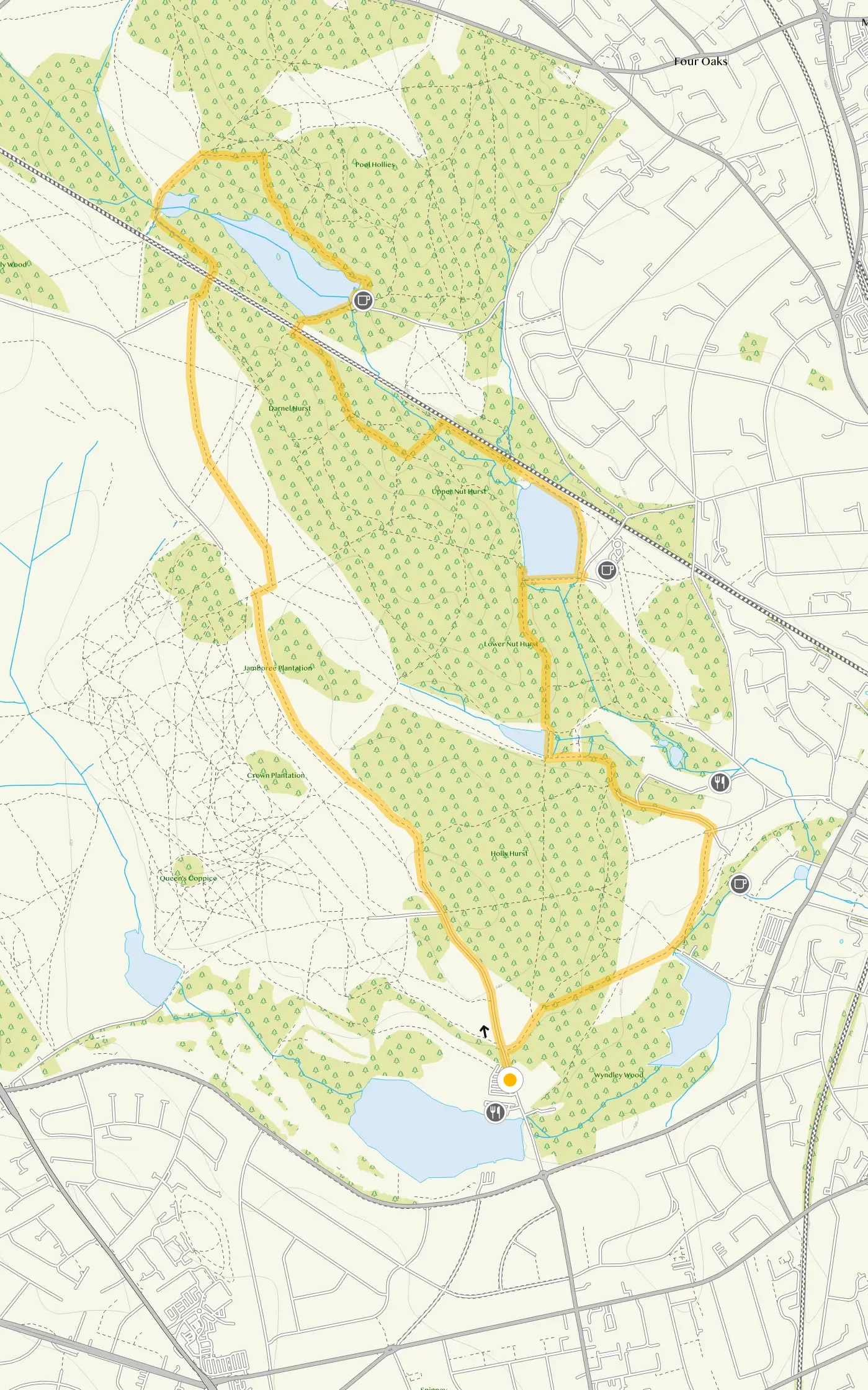Route map for Sutton Park Pools and Forty Bridges Walk, a 5.5 mile circular walk in Staffordshire