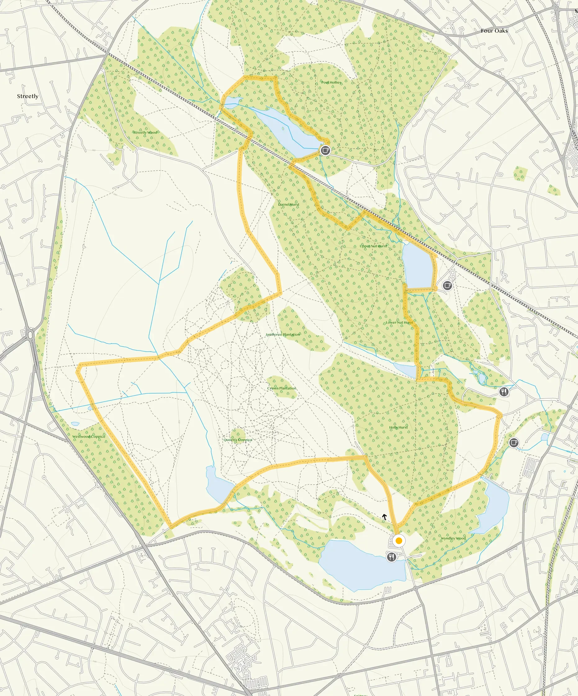 Route map for Sutton Park Long Circular Walk, a 7 mile circular walk in Staffordshire
