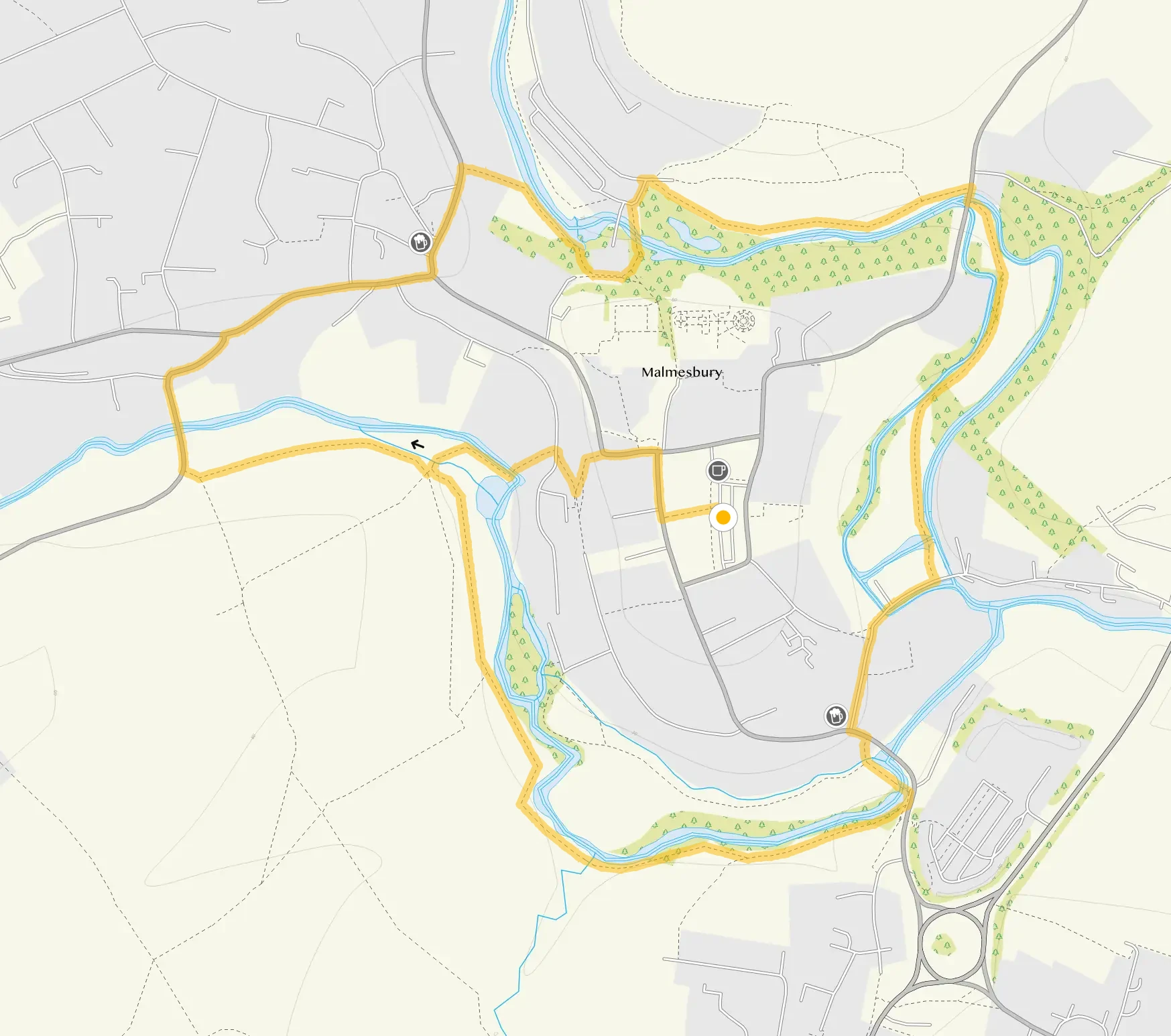 Route map for Malmesbury Walk, a 2.5 mile circular walk in Wiltshire