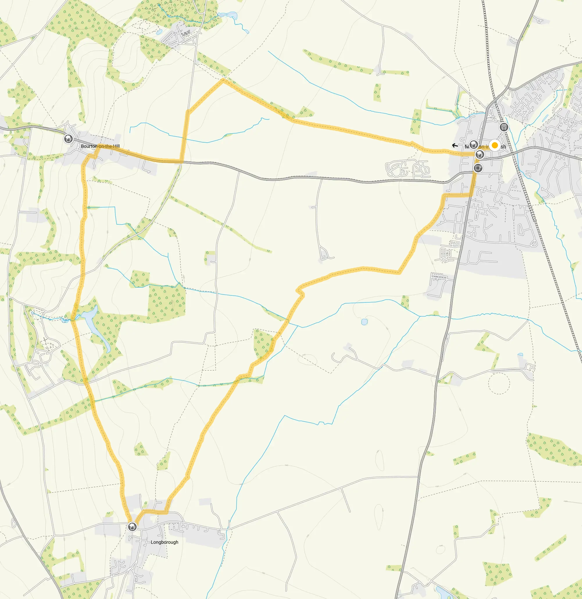 Route map for Moreton-in-Marsh Walk 2, a 7 mile circular walk in Gloucestershire