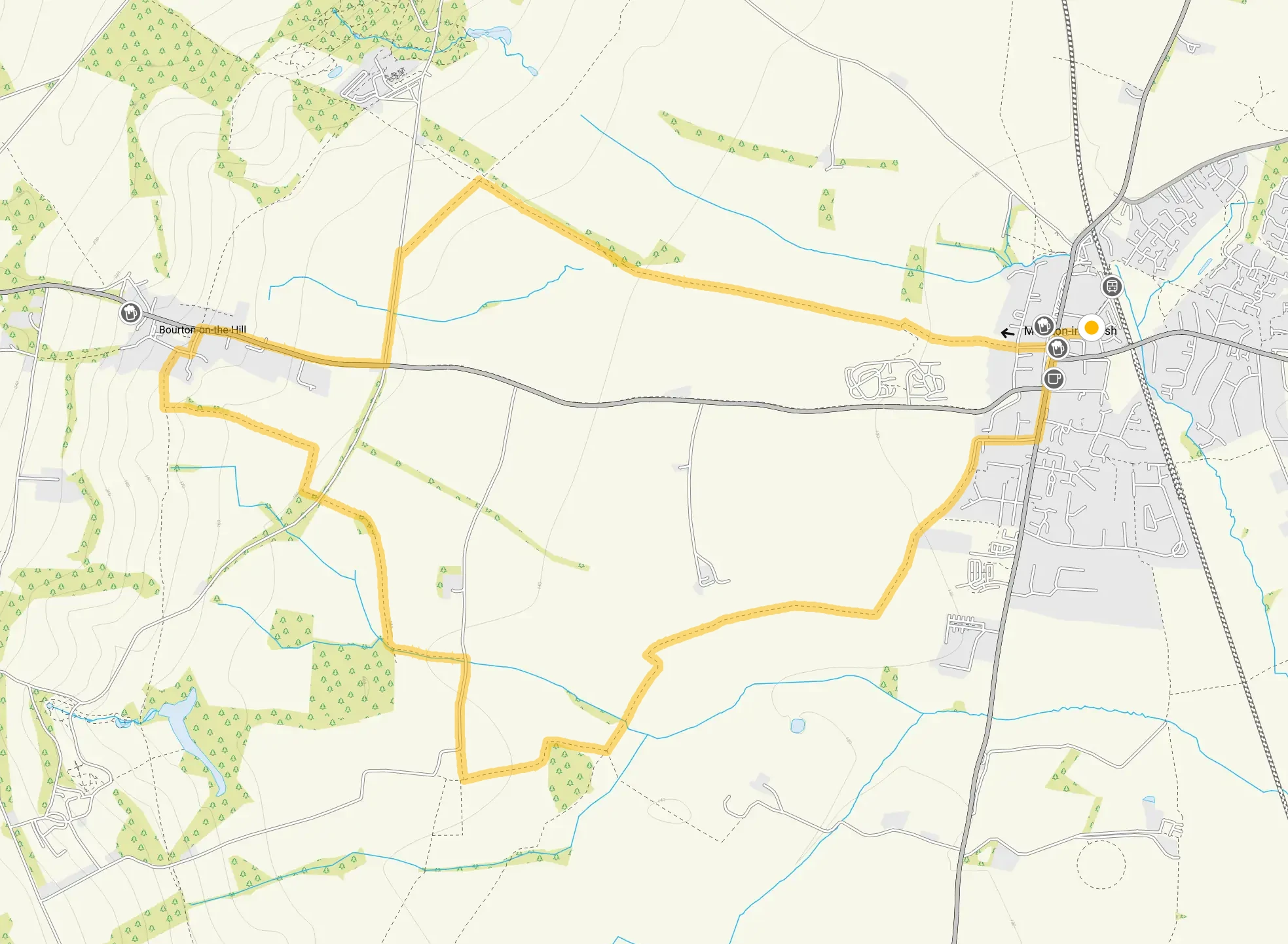 Route map for Moreton-in-Marsh Walk 1, a 5.5 mile circular walk in Gloucestershire