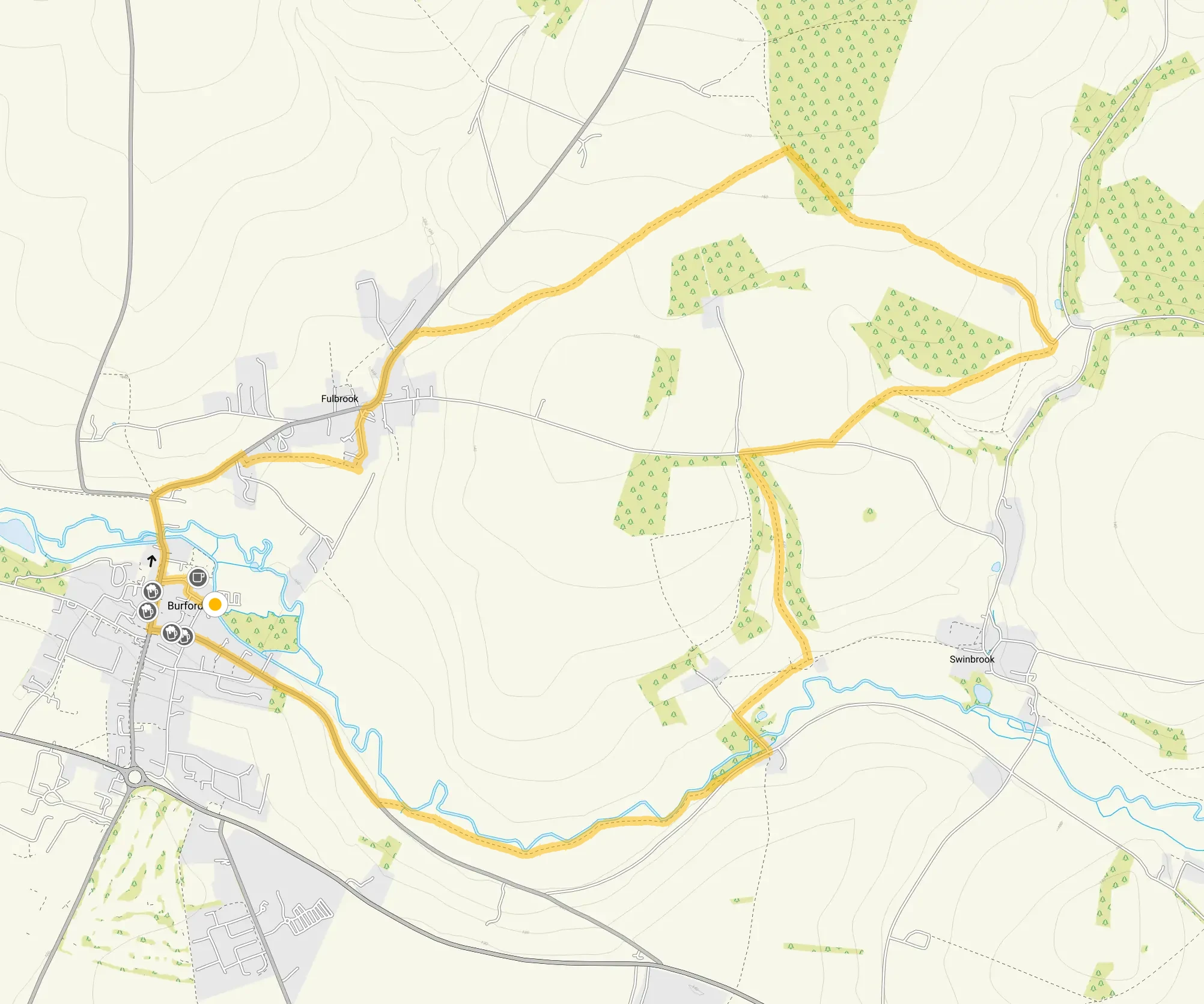 Route map for Burford, Gloucestershire