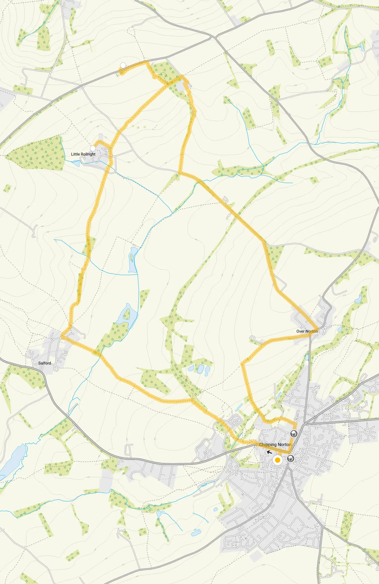 Route map for Chipping Norton and the Rollright Stones walk, an 8 mile circular walk in Oxfordshire