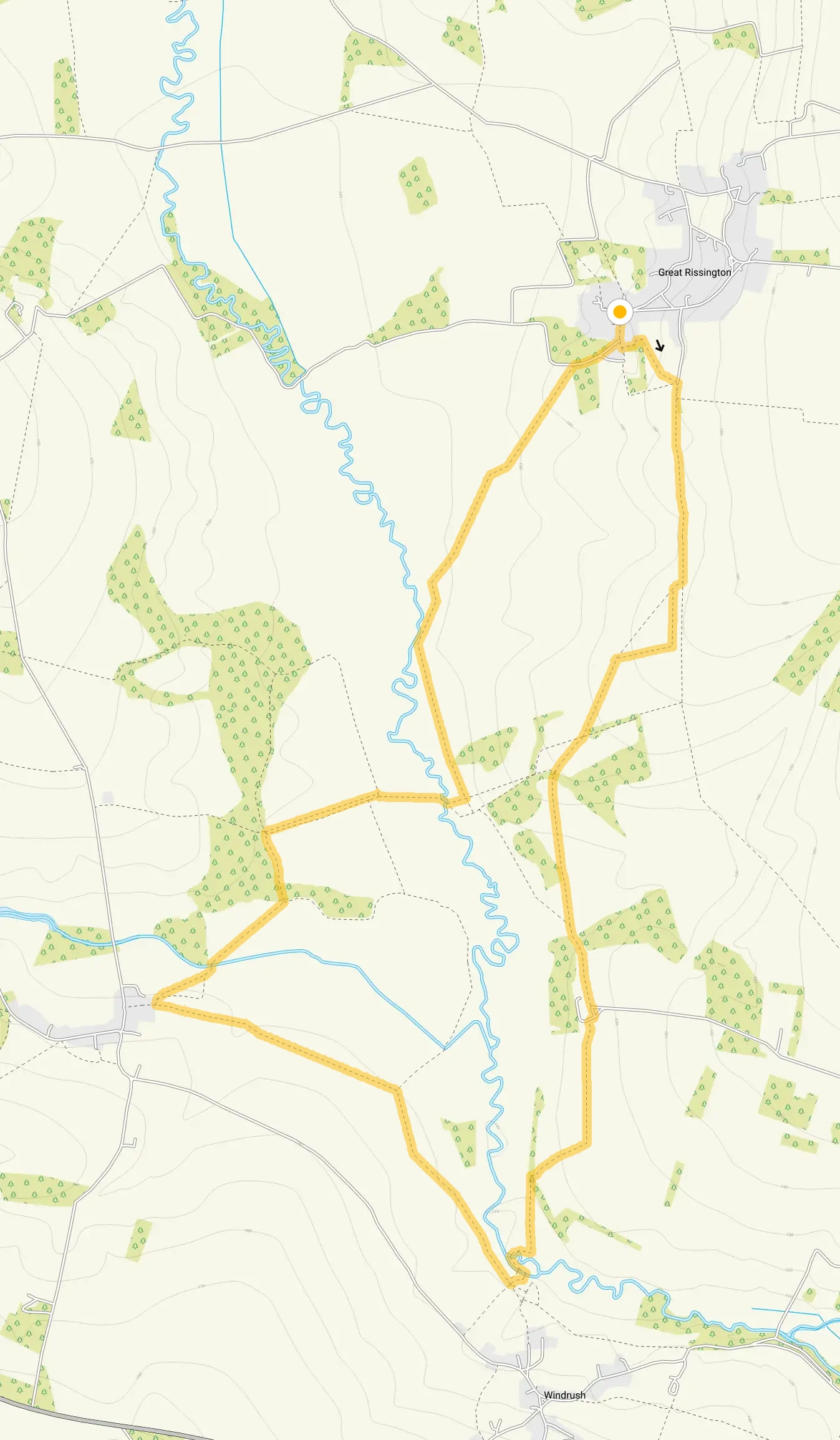 Route map for Great Rissington Walk 2, a 6.25 mile circular walk in Oxfordshire